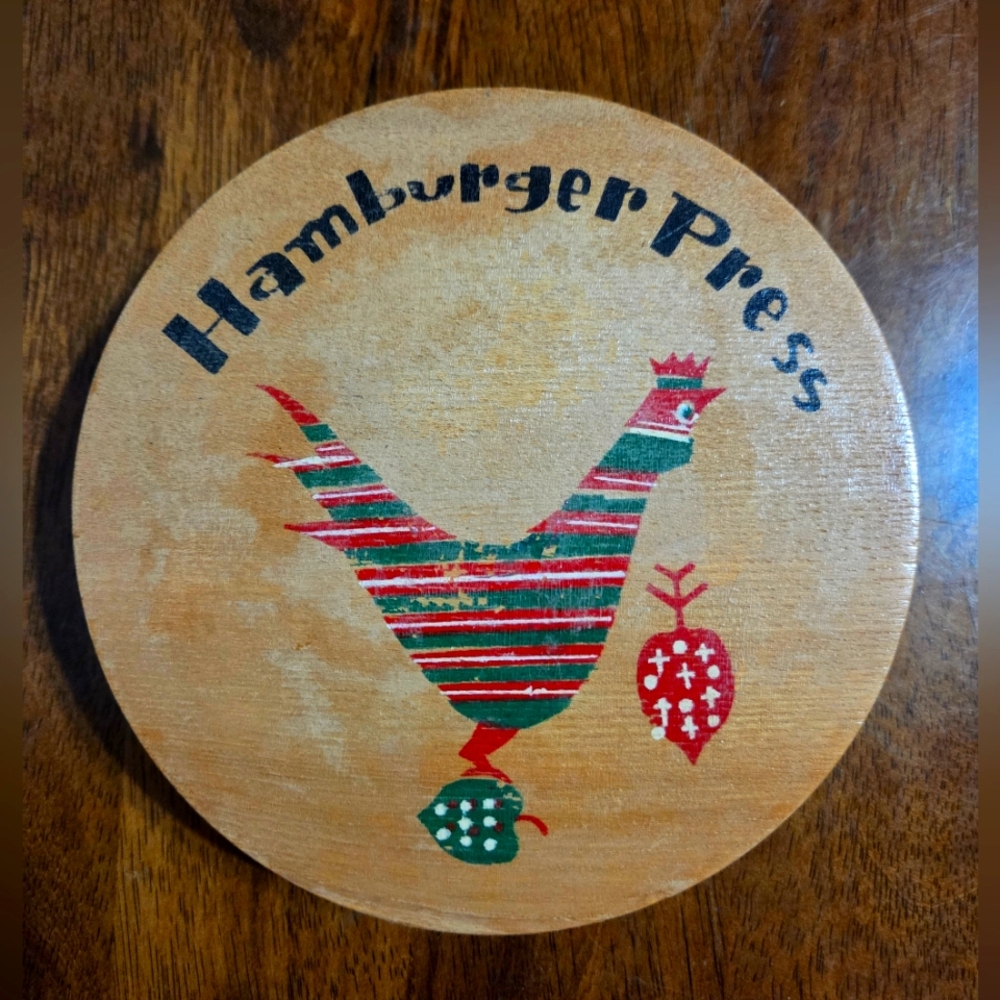 Vintage Nevco Wooden Hamburger Press with Rooster Design